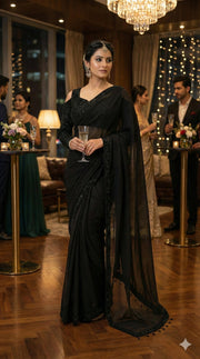 Doree Designer Black Saree with Heavy Embroidered readymade Blouse – Party & Cocktail Wear