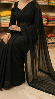 Doree Designer Black Saree with Heavy Embroidered readymade Blouse – Party & Cocktail Wear